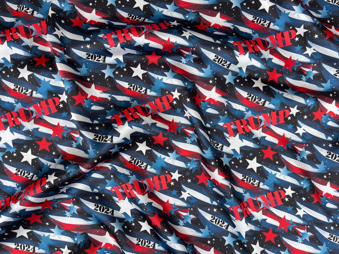 Charmeuse Satin  fabric by the yard -    Trump 2024    print - red white and blue camo