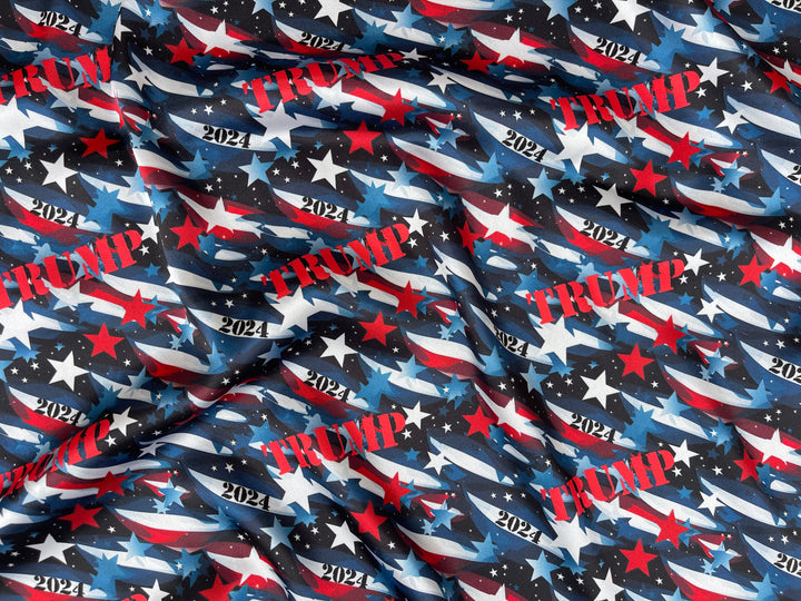 Charmeuse Satin  fabric by the yard -    Trump 2024    print - red white and blue camo