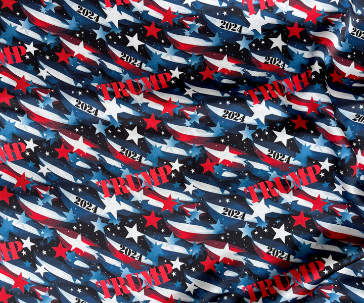 Charmeuse Satin  fabric by the yard -    Trump 2024    print - red white and blue camo