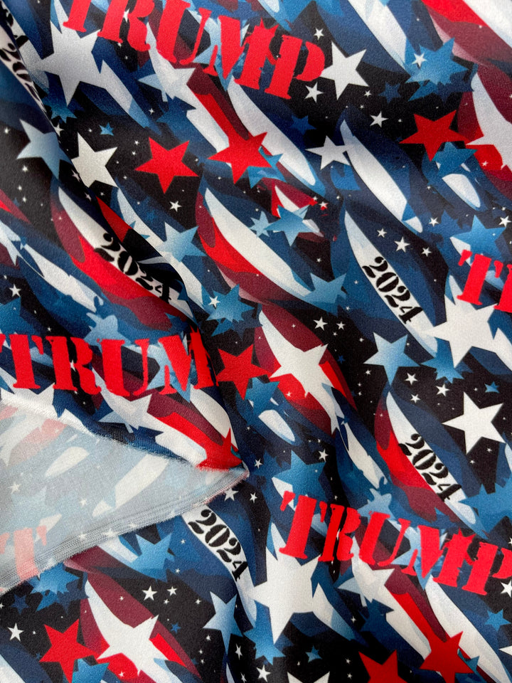 Charmeuse Satin  fabric by the yard -    Trump 2024    print - red white and blue camo