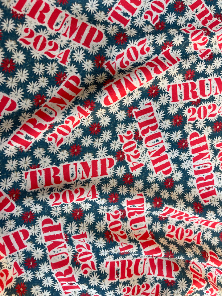 Charmeuse Satin  fabric by the yard -    Trump 2024    print - red white and blue camo