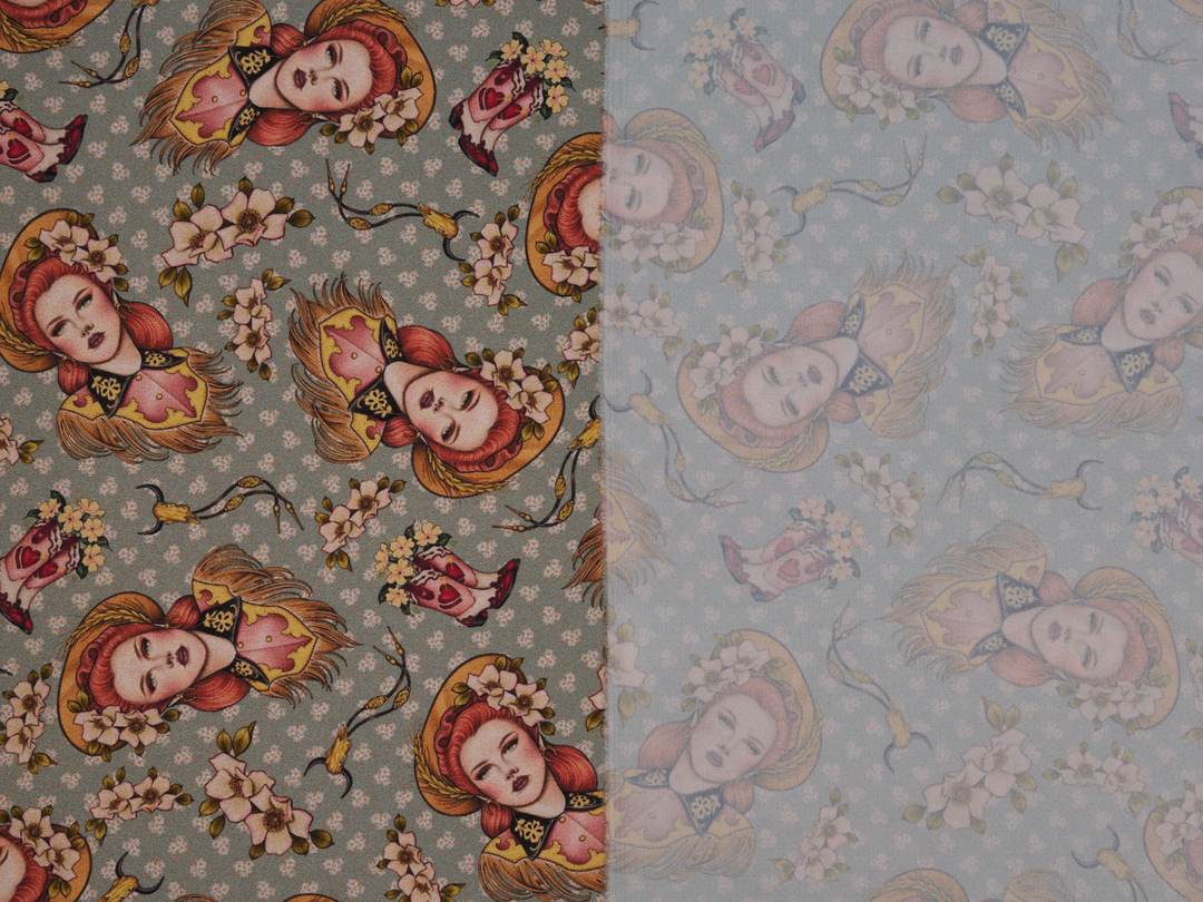 Charmeuse Satin sublimation  fabric by the yard -   “LORETTA”  western   print