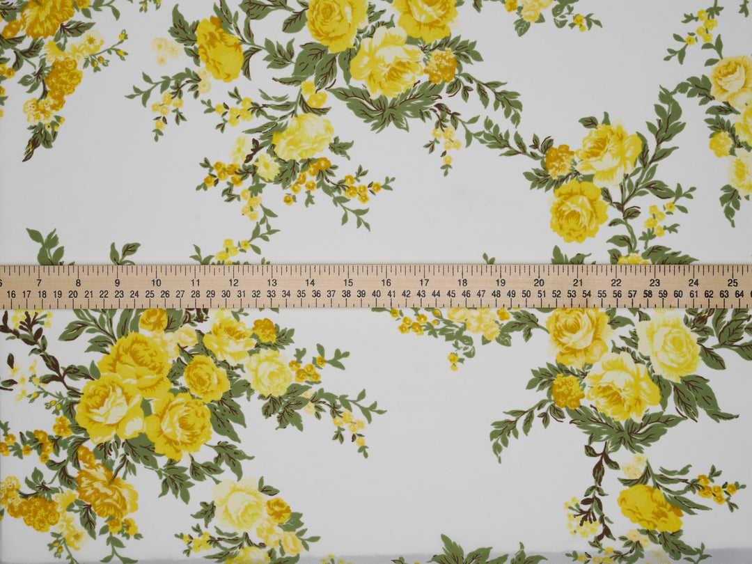 Lightweight  Silky Satin  fabric - Yellow Roses Floral Print