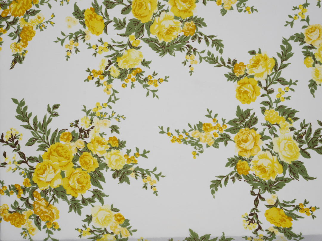 Lightweight  Silky Satin  fabric - Yellow Roses Floral Print