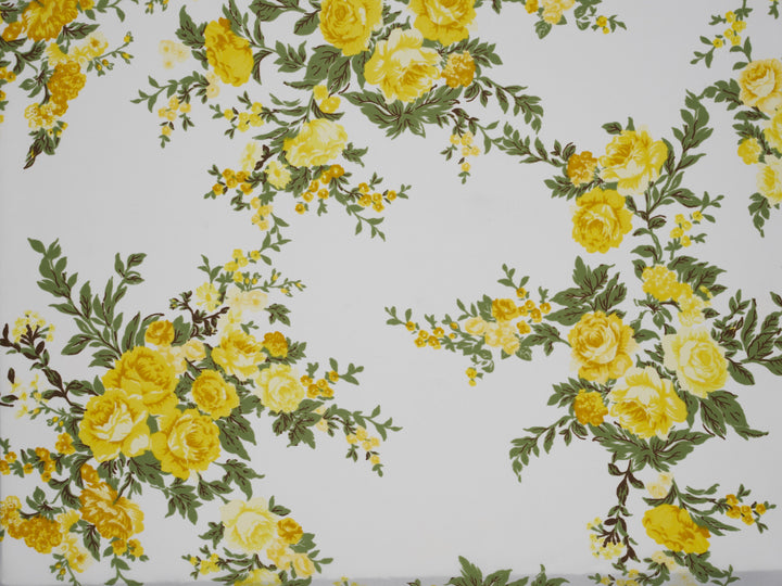 Lightweight  Silky Satin  fabric - Yellow Roses Floral Print
