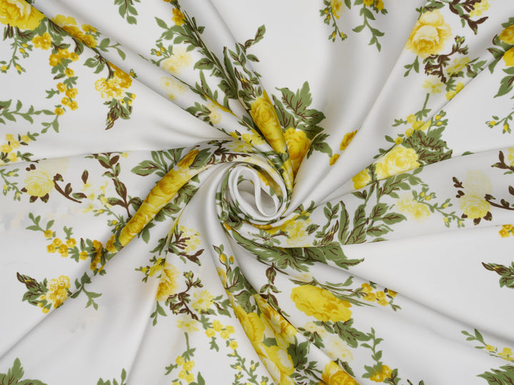 Lightweight  Silky Satin  fabric - Yellow Roses Floral Print