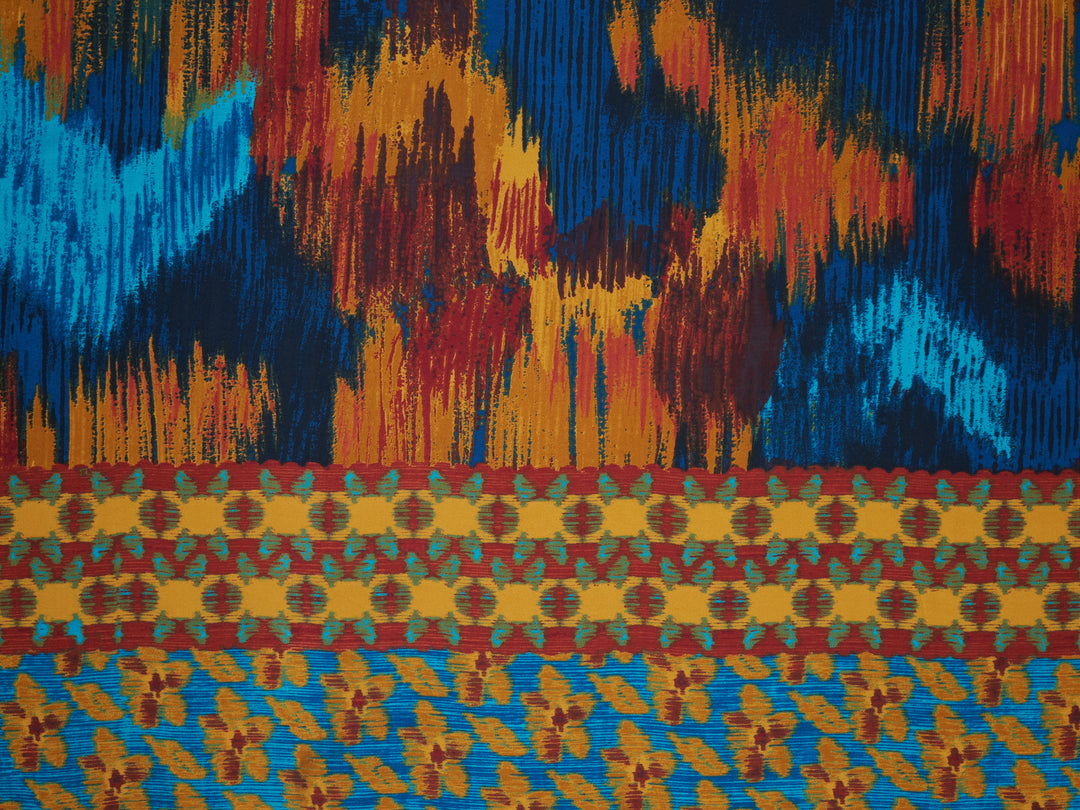 Lightweight  Silky Satin  fabric - Colorful Tribal Border Print