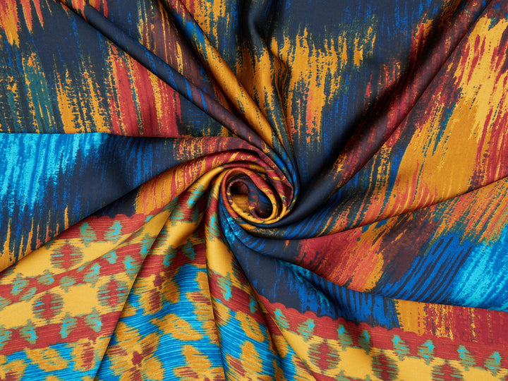 Lightweight  Silky Satin  fabric - Colorful Tribal Border Print