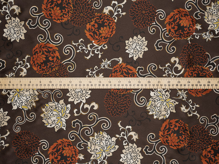 Satin  charmeuse fabric by the yard - Brown Gold Floral Print