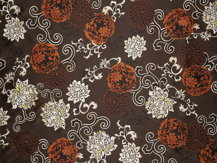 Satin  charmeuse fabric by the yard - Brown Gold Floral Print