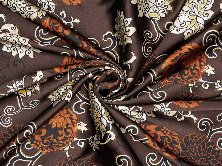 Satin  charmeuse fabric by the yard - Brown Gold Floral Print
