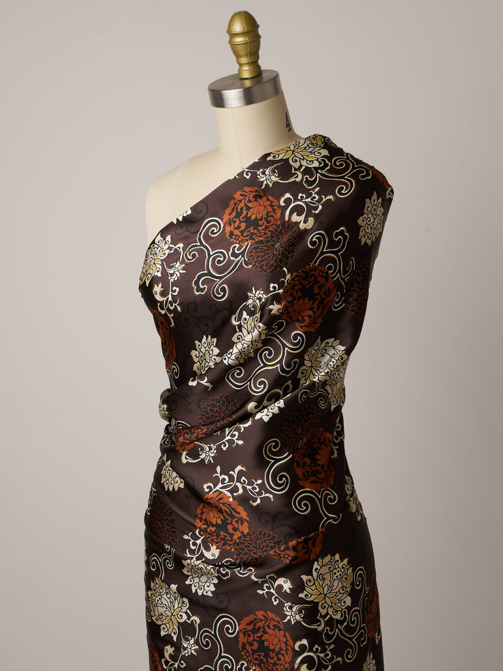 Satin  charmeuse fabric by the yard - Brown Gold Floral Print