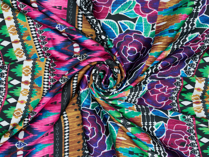Lightweight  Silky Satin  fabric - Colorful Tribal and  Floral Print
