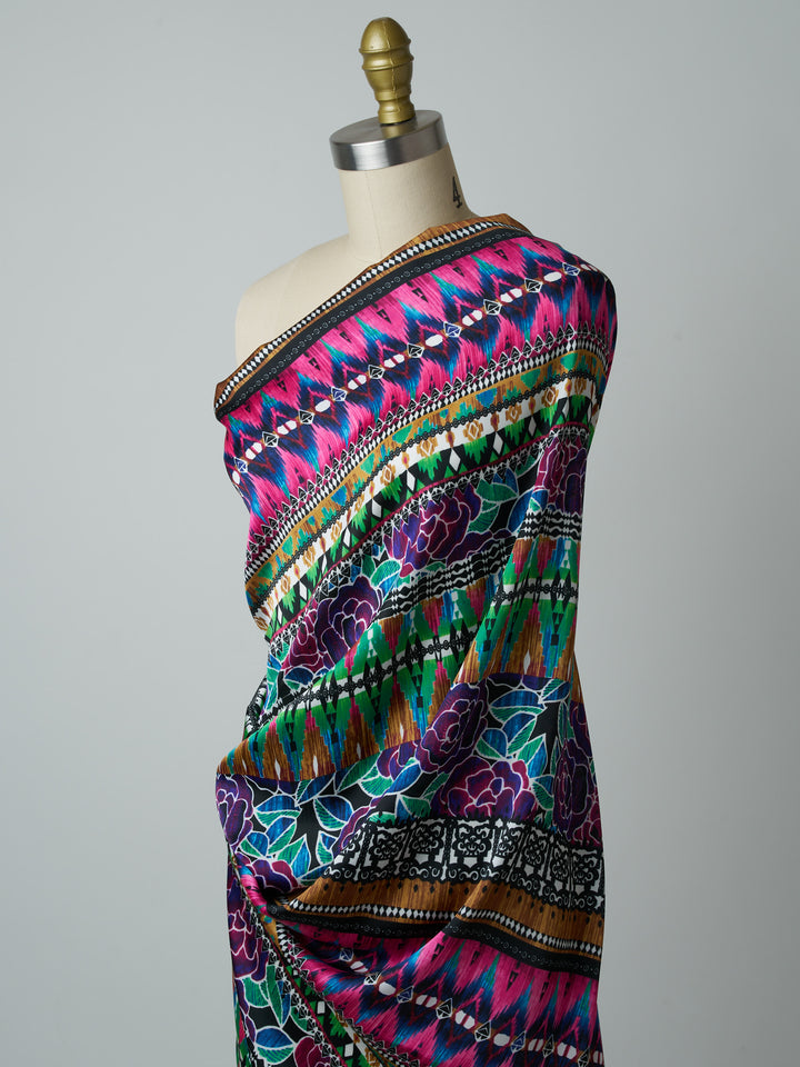Lightweight  Silky Satin  fabric - Colorful Tribal and  Floral Print