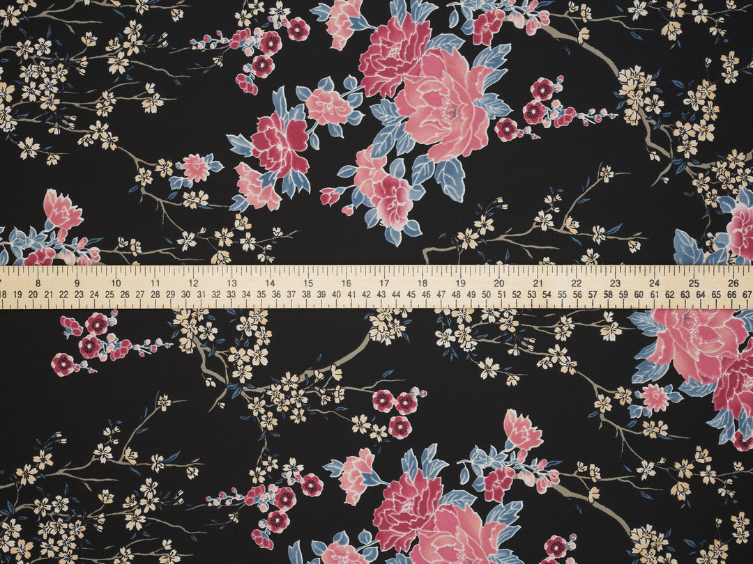 Silky Satin  Lightweight   Fabric - Black Cherry Blossoms  Floral Print