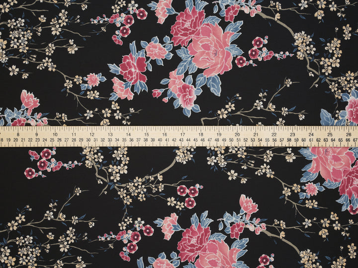 Silky Satin  Lightweight   Fabric - Black Cherry Blossoms  Floral Print