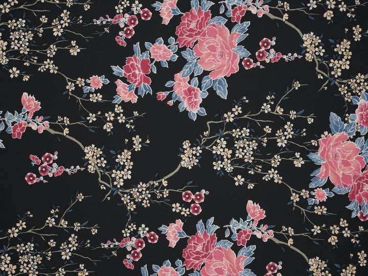 Silky Satin  Lightweight   Fabric - Black Cherry Blossoms  Floral Print