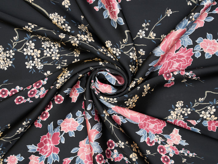 Silky Satin  Lightweight   Fabric - Black Cherry Blossoms  Floral Print