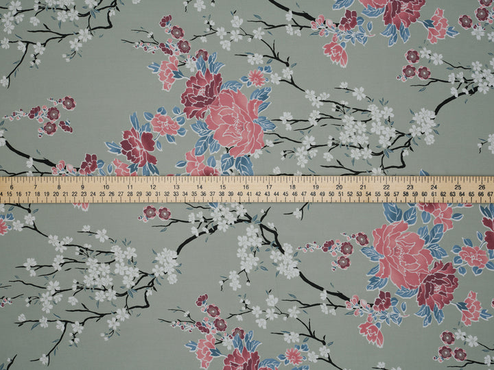 Silky Satin  Lightweight   Fabric - Sage Cherry Blossoms  Floral Print