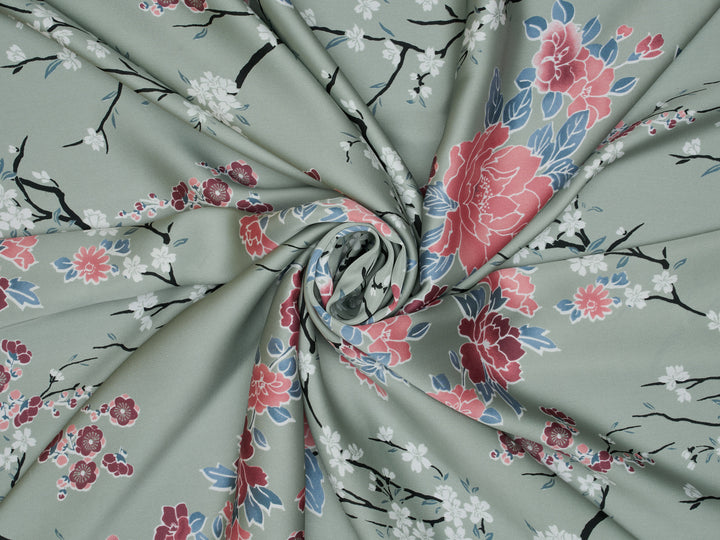 Silky Satin  Lightweight   Fabric - Sage Cherry Blossoms  Floral Print