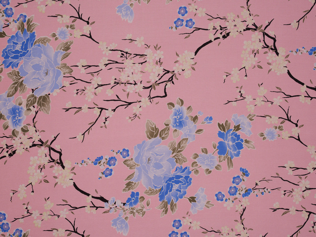 Silky Satin  Lightweight   Fabric - Pink  Cherry Blossoms  Floral Print