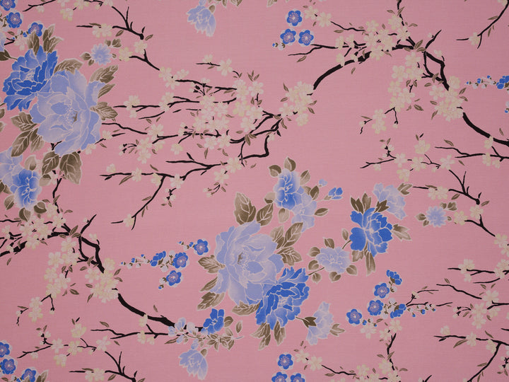 Silky Satin  Lightweight   Fabric - Pink  Cherry Blossoms  Floral Print