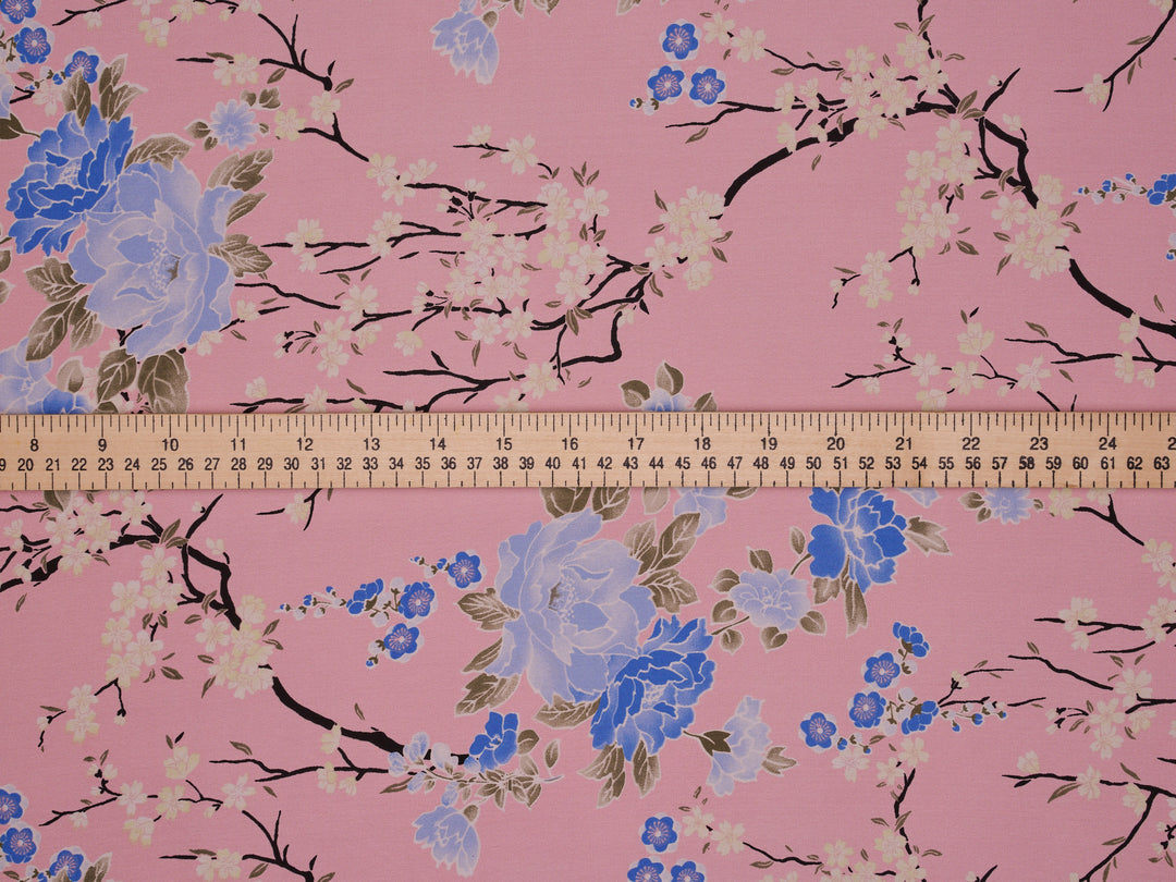 Silky Satin  Lightweight   Fabric - Pink  Cherry Blossoms  Floral Print