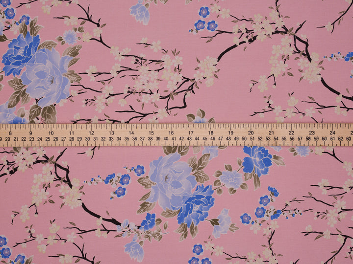 Silky Satin  Lightweight   Fabric - Pink  Cherry Blossoms  Floral Print