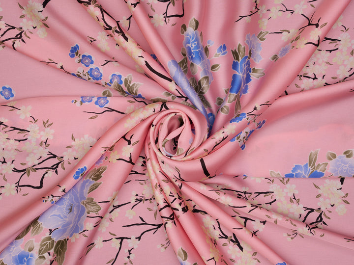 Silky Satin  Lightweight   Fabric - Pink  Cherry Blossoms  Floral Print