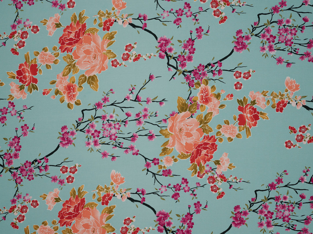 Silky Satin  Lightweight   Fabric - Teal Cherry Blossoms  Floral Print