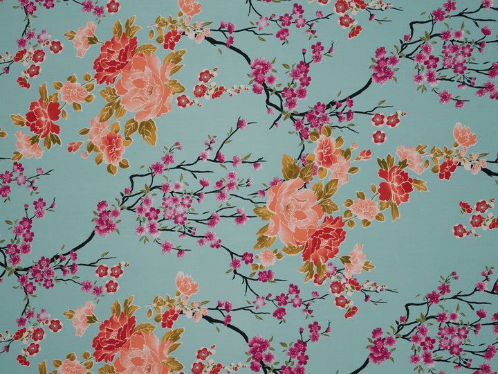 Silky Satin  Lightweight   Fabric - Teal Cherry Blossoms  Floral Print
