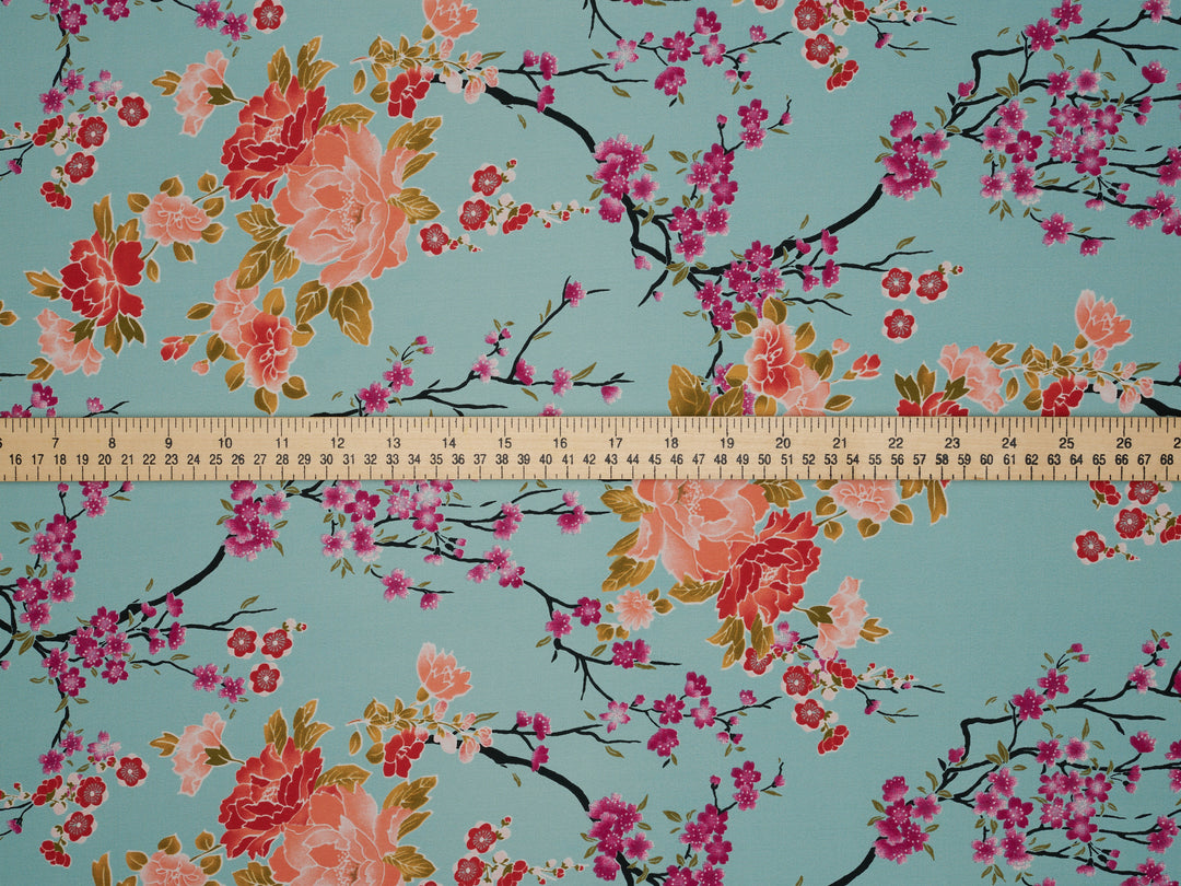 Silky Satin  Lightweight   Fabric - Teal Cherry Blossoms  Floral Print