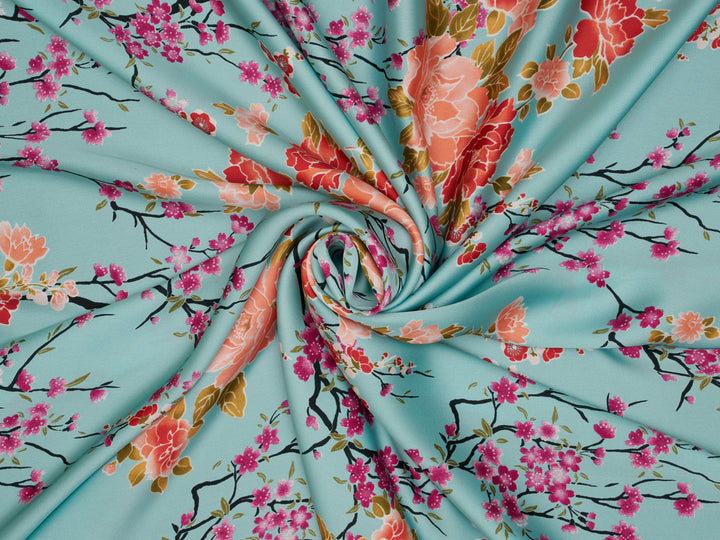 Silky Satin  Lightweight   Fabric - Teal Cherry Blossoms  Floral Print