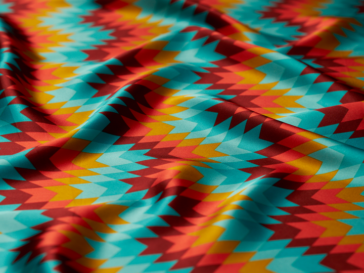 Charmeuse satin fabric by the yard - Teal Mustard Red Tribal   print - USA made