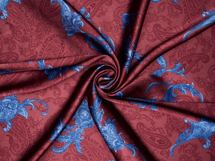 Paisley charmeuse satin fabric by the yard - Green, blue and brown tones