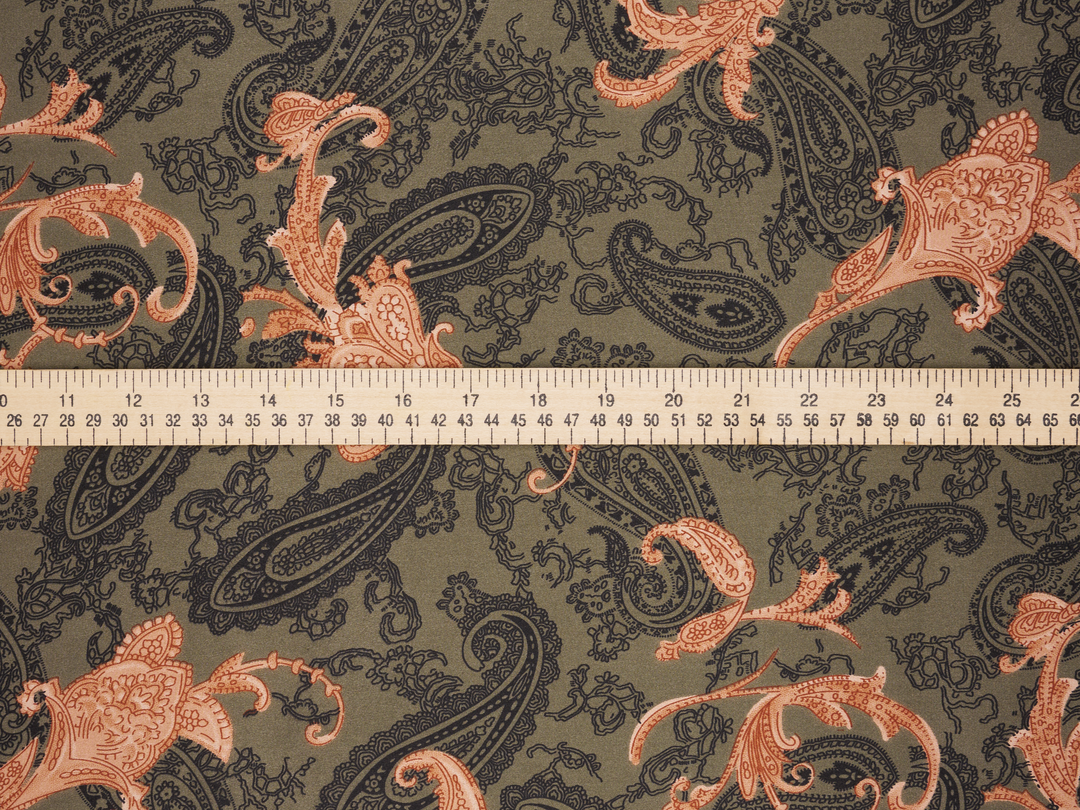 Paisley charmeuse satin fabric by the yard - Green, blue and brown tones