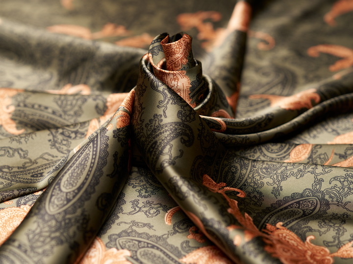 Paisley charmeuse satin fabric by the yard - Green, blue and brown tones