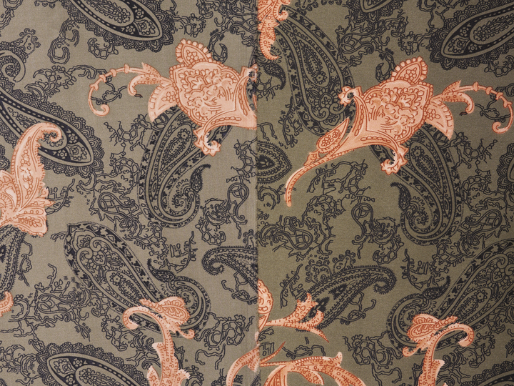 Paisley charmeuse satin fabric by the yard - Green, blue and brown tones