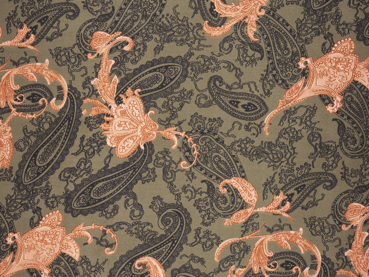 Paisley charmeuse satin fabric by the yard - Green, blue and brown tones