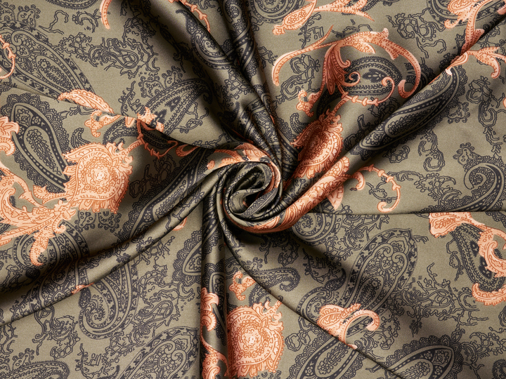 Paisley charmeuse satin fabric by the yard - Green, blue and brown tones