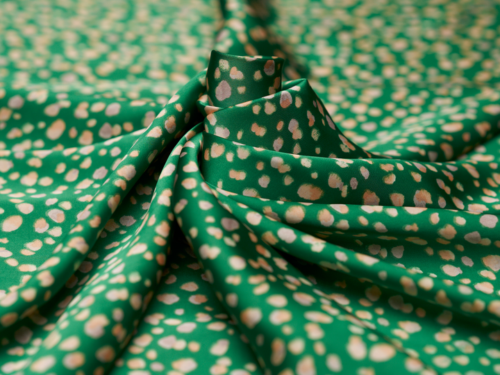 Lightweight  satin  fabric - Green multi dot    print