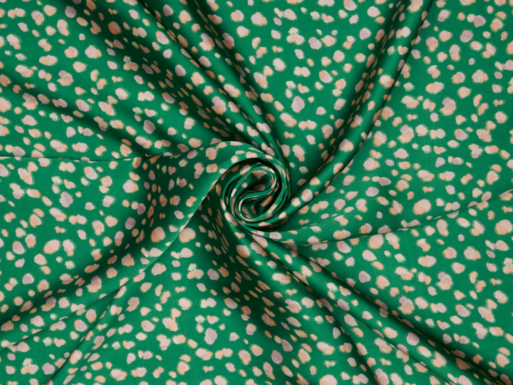 Lightweight  satin  fabric - Green multi dot    print