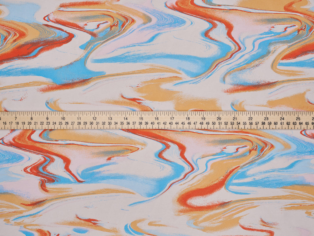 Lightweight  satin  fabric by the yard - Orange Aqua Marble  print