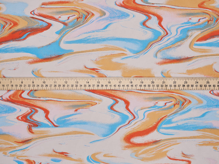 Lightweight  satin  fabric by the yard - Orange Aqua Marble  print
