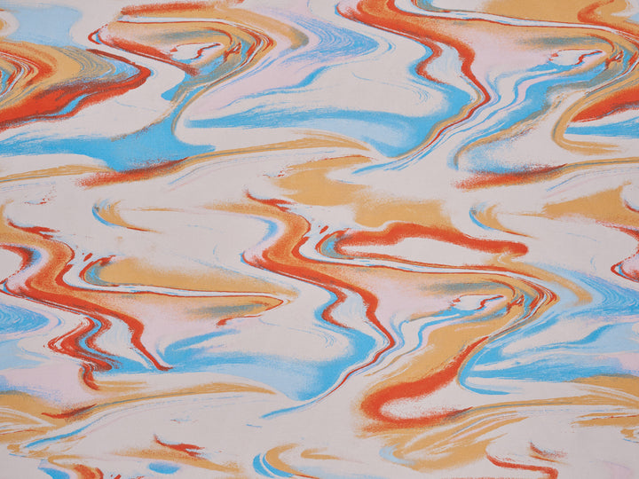 Lightweight  satin  fabric by the yard - Orange Aqua Marble  print