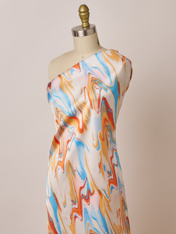 Lightweight  satin  fabric by the yard - Orange Aqua Marble  print