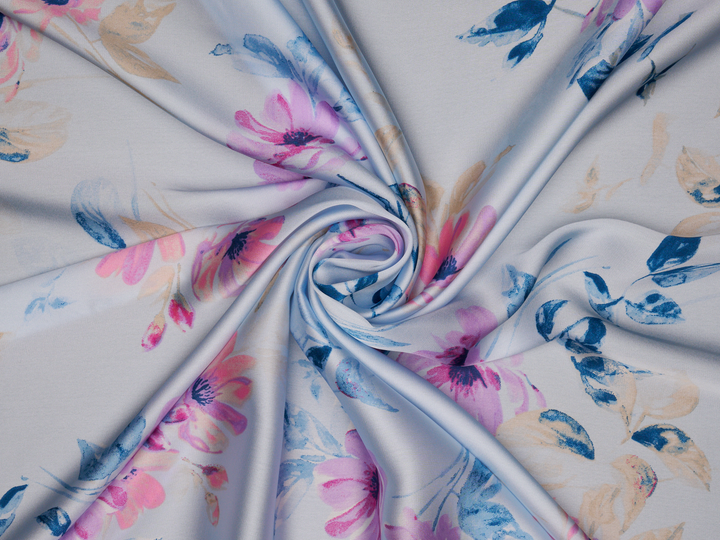 Blue Pink flowers  shiny satin solid fabric