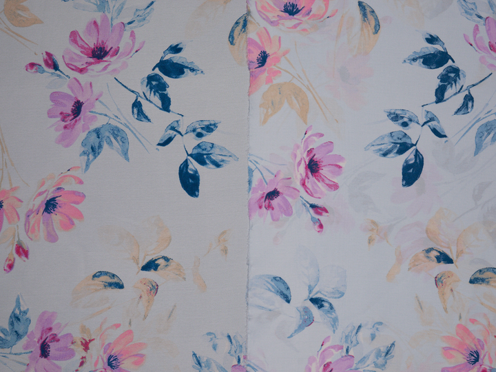 Lightweight  satin  fabric - Off white floral   print