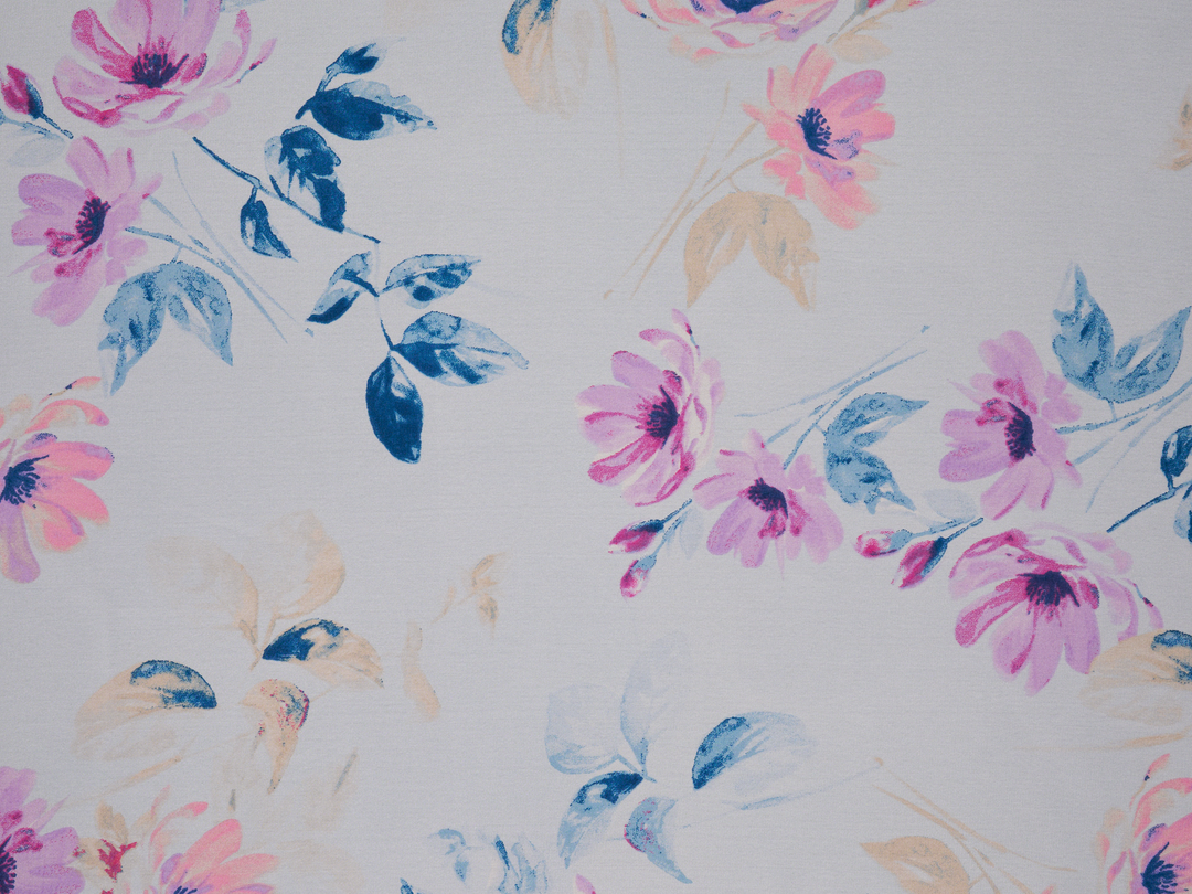 Lightweight  satin  fabric - Off white floral   print