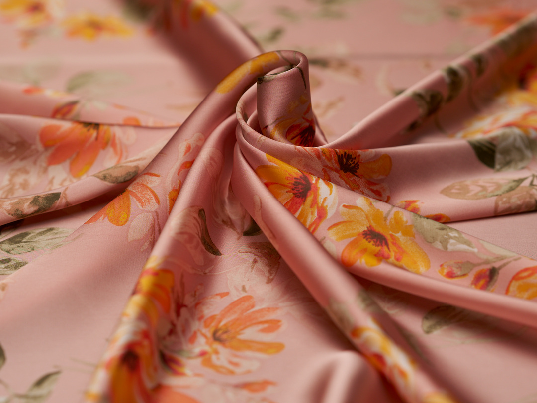 Lightweight  satin  fabric - Pink  floral   print